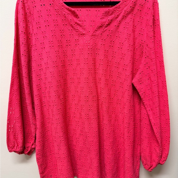 Susan Graver Vibrant Pink Eyelet Blouse - Picture 2 of 4